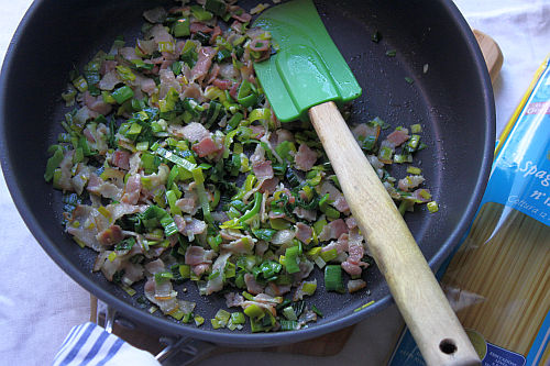leek and pancetta in pan small